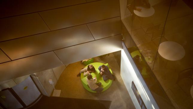 Arial view of students working at a table