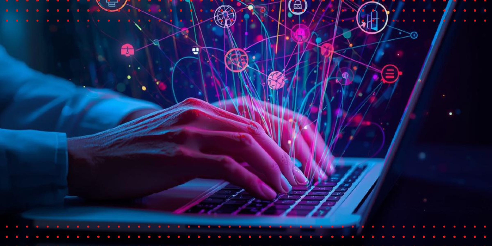 A color graphic with a person's hand typing on a laptop with colorful lines and shapes coming from the keys.