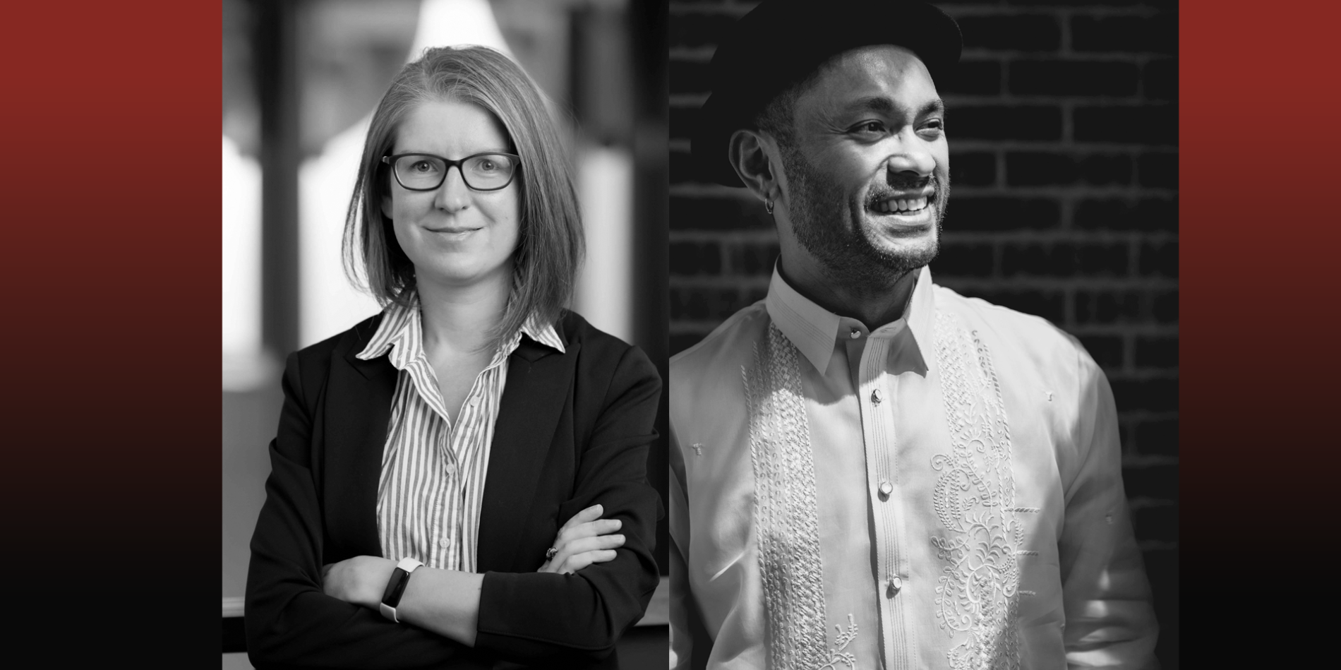 Two SDS alumni headshots. They are pictured in black and white, and flanked by a red to black gradient. 