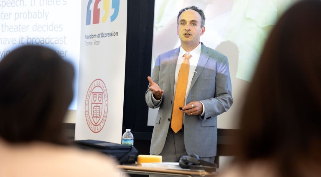 Sreang Hok/Cornell University Jeff Kosseff, an associate professor of cybersecurity law in the United States Naval Academy’s Cyber Science Department, speaks as part of the Cornell Ann S. Bowers College of Computing and Information Science’s Distinguished