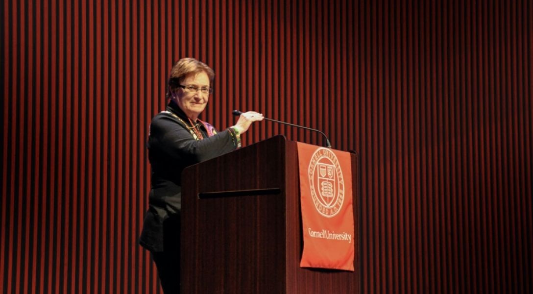 Ann S. Bowers ’59, speaking as chair of the Cornell Silicon Valley Advisors in 2017.