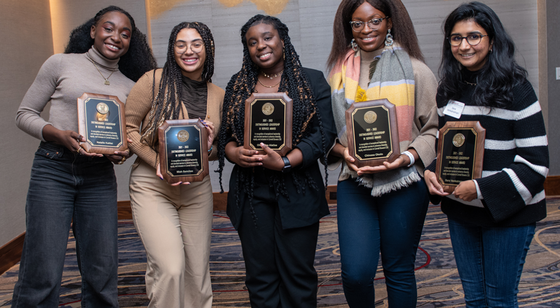 Recipients of the Cornell Ann S. Bowers College of Computing and Information Science inaugural Diversity, Equity, Inclusion, and Belonging (DEIB) awards are (left to right) Natalie Kalitsi '22, Miah Sanchez '22, Oluwatise Alatise '23, Chinasa Okolo, and S