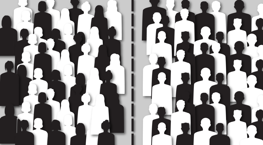 A black and white graphic showing silhouettes of men and women with the genders separated by a dotted line