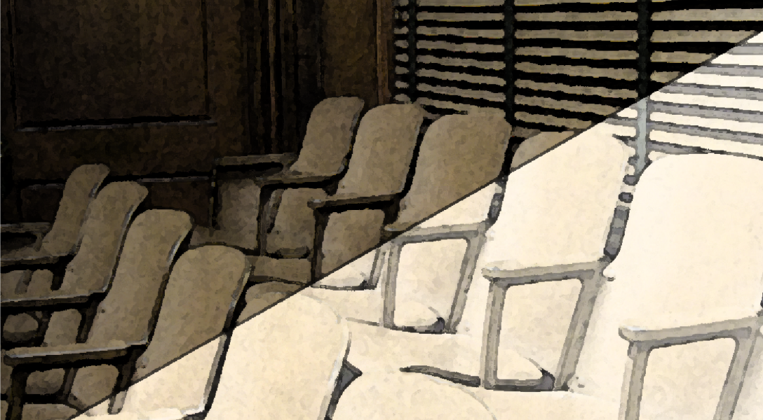 A filtered photo showing a juror's box with 12 empty chairs with a ray of light shining on some of them