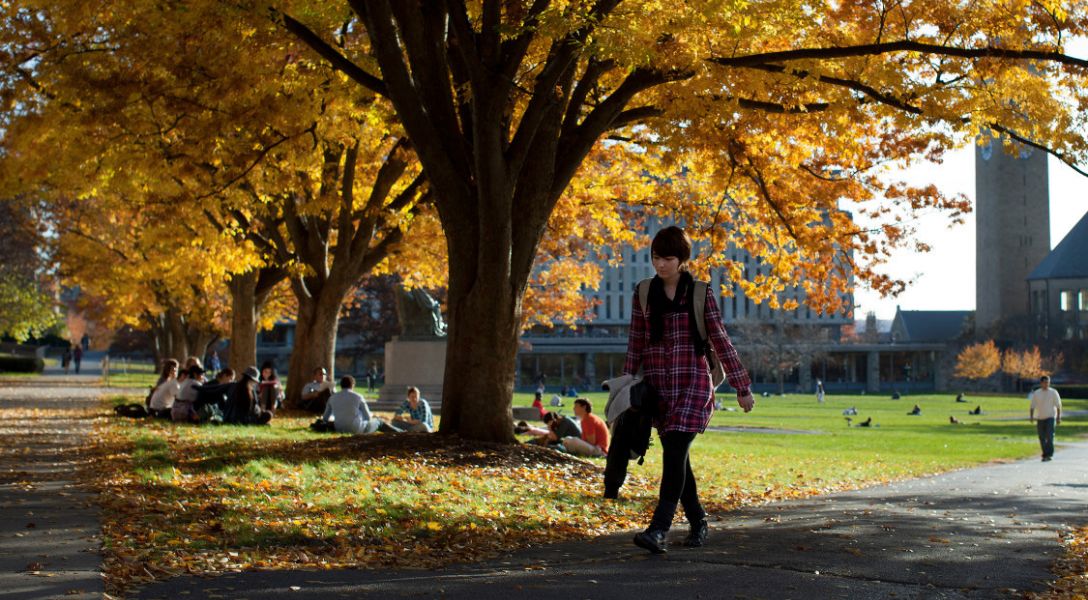 A student walking on the Arts Quad