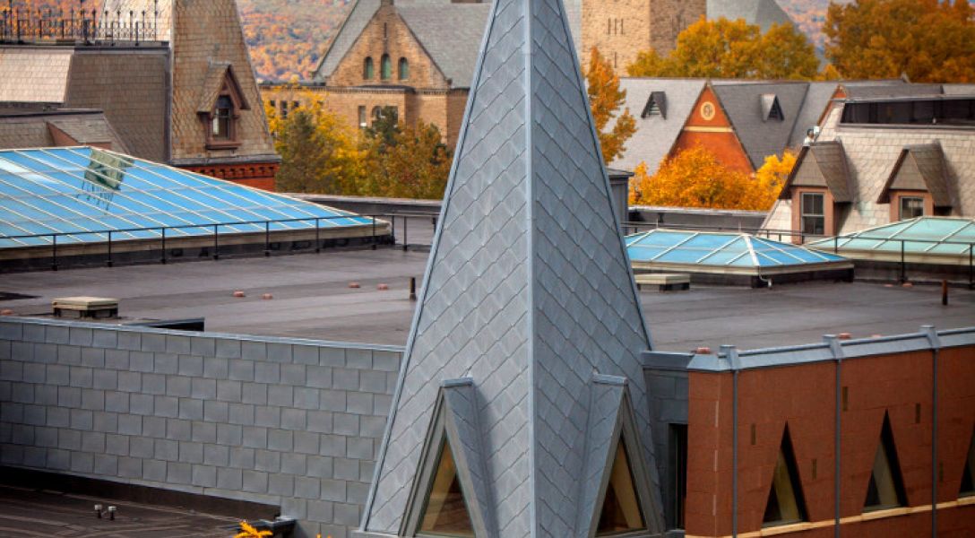 A rooftop view of McGraw Tower and Sage Chapel