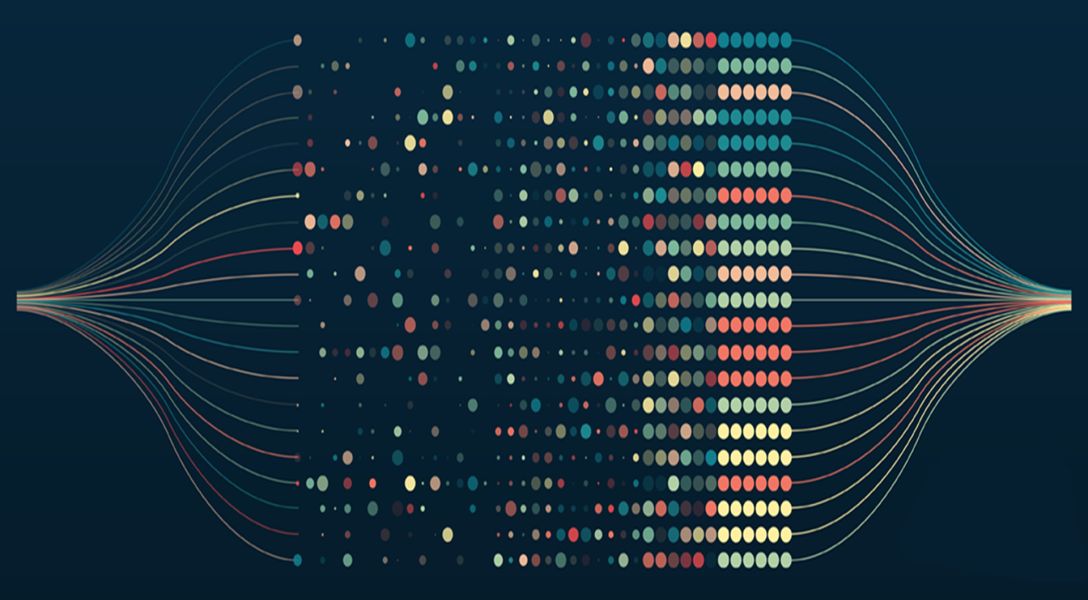 Information analytics concept. Abstract stream information with ball array and binary code. Shutterstock