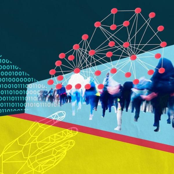 A colorful somewhat abstract collage image with binary code, a hand, a blurred crowd, and different shapes and nodes.