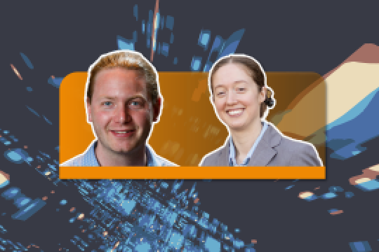 A color graphic with a headshots of a man and woman