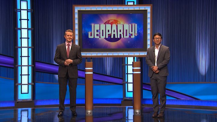 Ken Jennings and Sam Wang on the set of Jeopardy. 