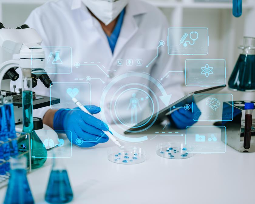a person wearing a white lab coat and blue latex gloves sits a at table with a microscope and test tubes, pixelated data and charts is lightly overlayed
