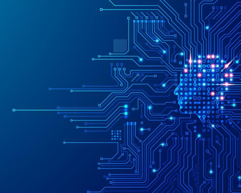 a bright blue background with a pixelated human shape with dots and light blue networks leading from the head outwards