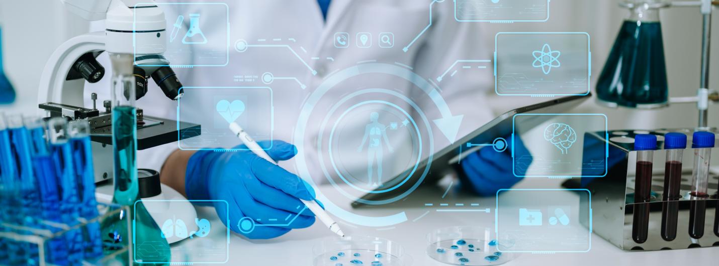 a person wearing a white lab coat and blue latex gloves sits a at table with a microscope and test tubes, pixelated data and charts is lightly overlayed