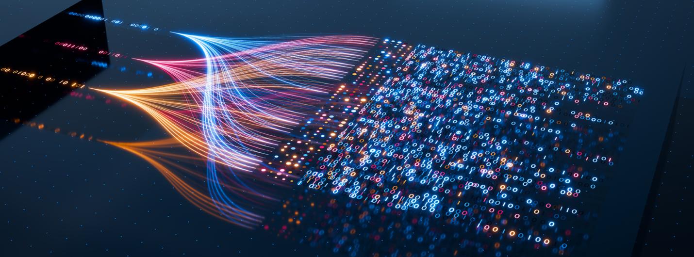 streams of red, orange and blue data flow from three points on the left side, overlapping on the right side