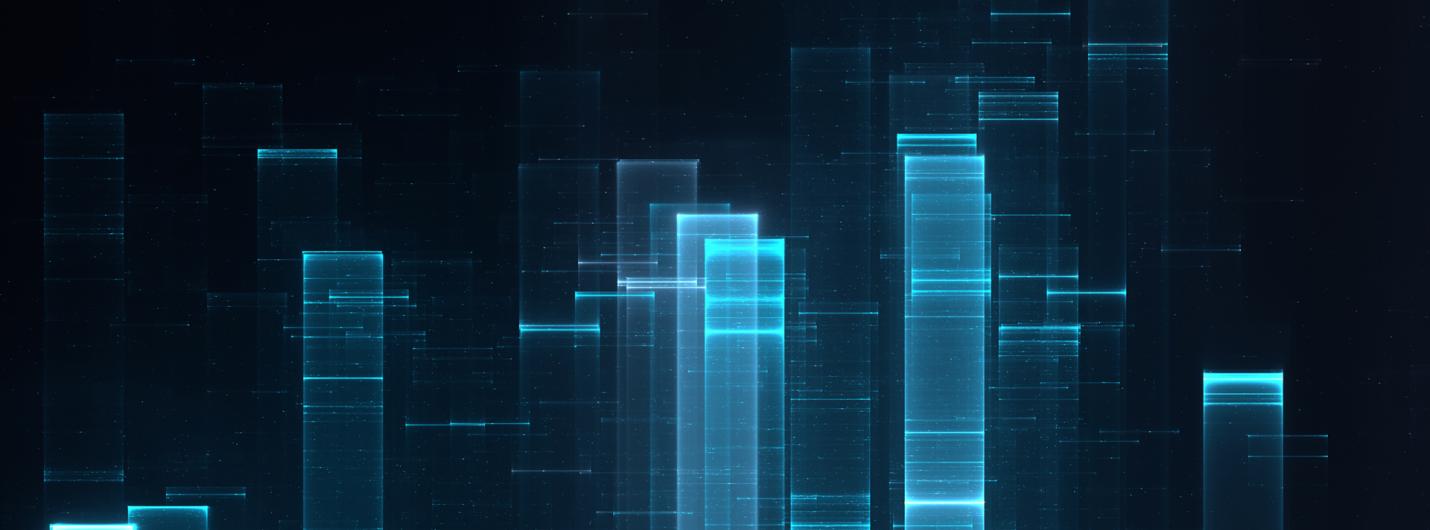 pixelated blue data bar charts on a black background